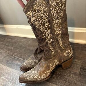 Cream and Brown Heeled Boots with Intricate Embroidery